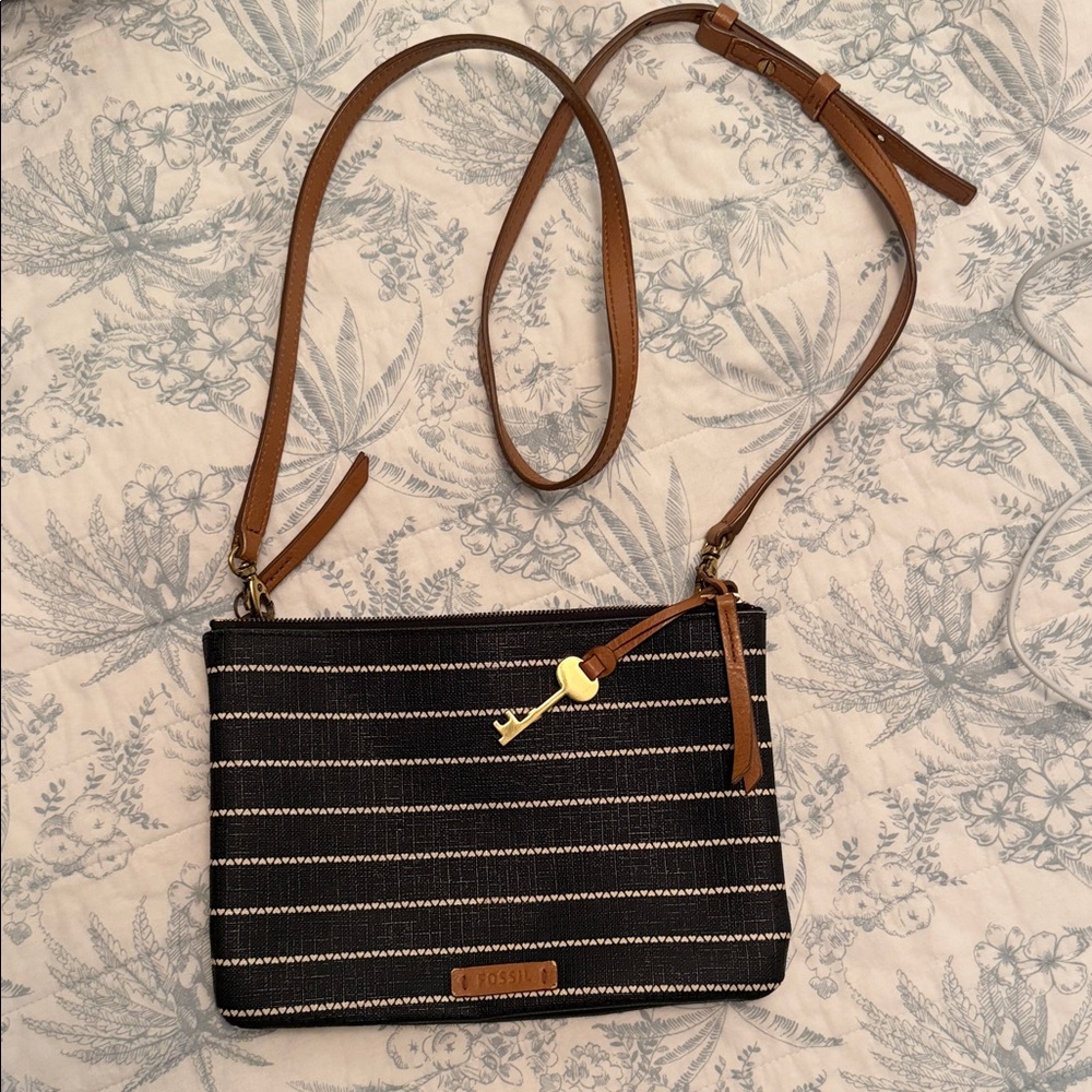 Fossil Black and Tan Striped Crossbody Bag